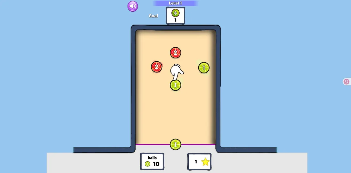 スアコフルーツの実際の画面。上にGoal、下に残りのballs、盤面に数字付きの果物が並びます。